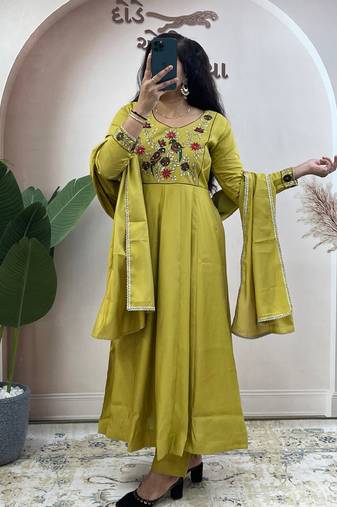 Mustard pure roman chanderi silk anarkali suit with dupatta