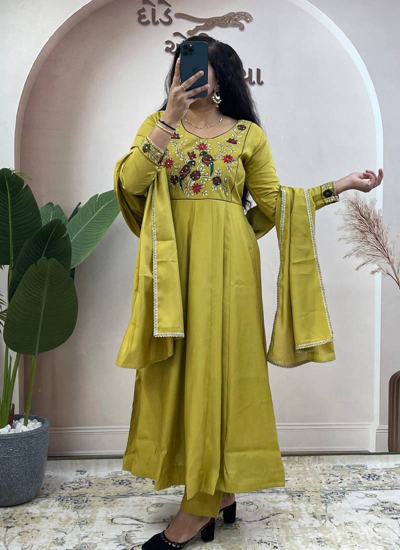 Mustard pure roman chanderi silk anarkali suit with dupatta