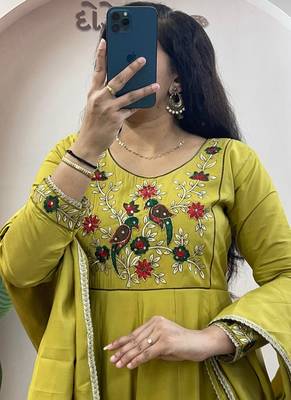 Mustard pure roman chanderi silk anarkali suit with dupatta 2