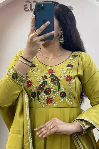 Mustard pure roman chanderi silk anarkali suit with dupatta