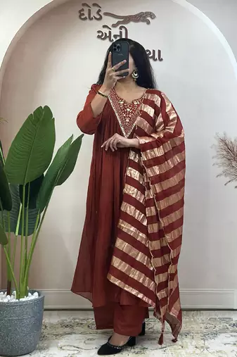 Brown pure mul chanderi anarkali suit dupatta