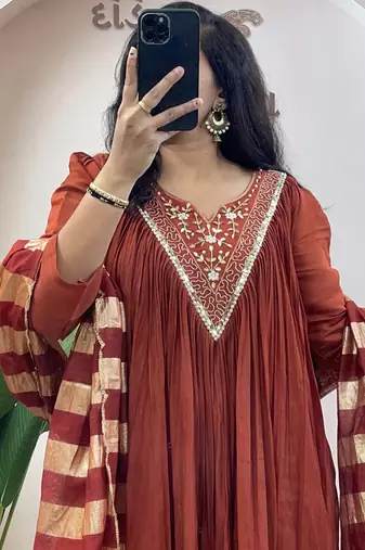 Brown pure mul chanderi anarkali suit dupatta