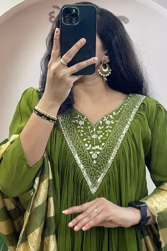 Green pure mul chanderi anarkali suit dupatta