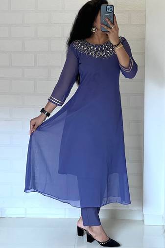Blue georgette long kurti pant