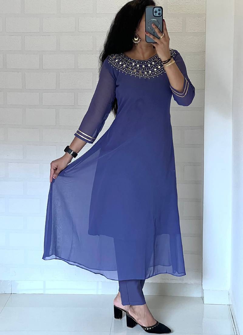 Blue georgette long kurti pant