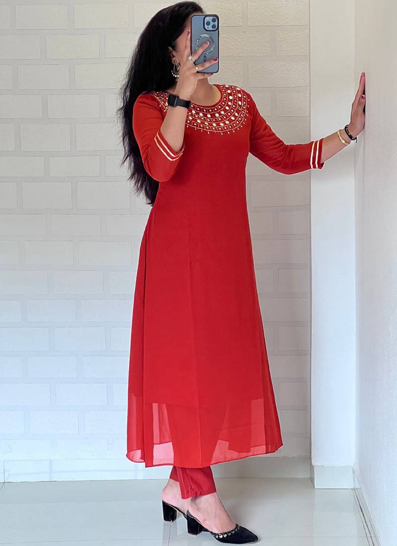 Orange georgette long kurti pant