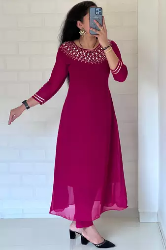 Pink georgette long kurti pant
