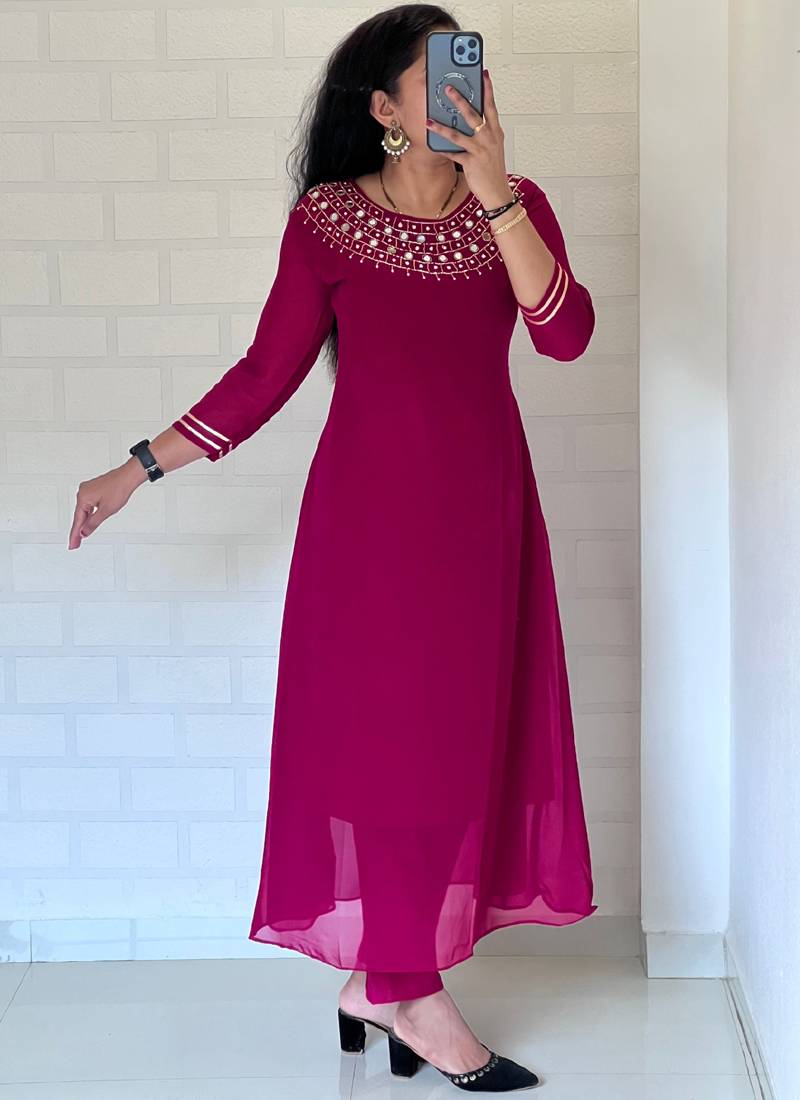 Pink georgette long kurti pant