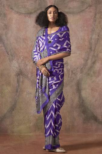 Ajrakh print satin georgette saree with bandhani combination – ethnic fusion elegance
