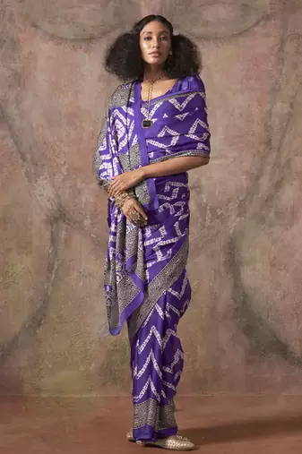 Ajrakh print satin georgette saree with bandhani combination – ethnic fusion elegance