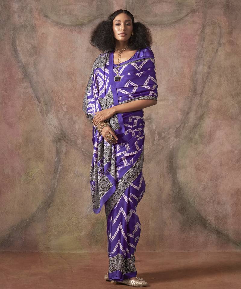 Ajrakh print satin georgette saree with bandhani combination – ethnic fusion elegance