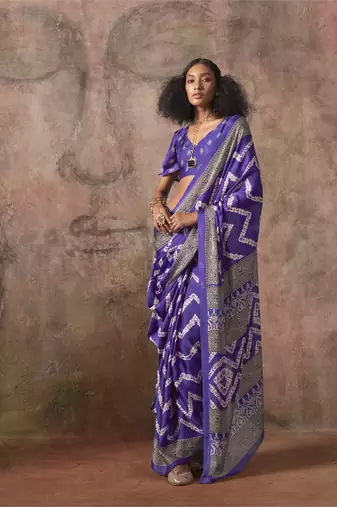 Ajrakh print satin georgette saree with bandhani combination  ethnic fusion elegance