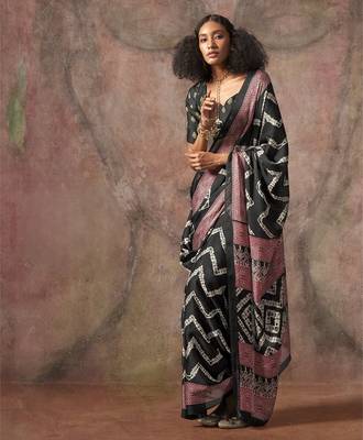 Ajrakh print satin georgette saree with bandhani combination  ethnic fusion elegance 1