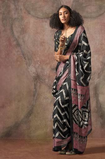 Ajrakh print satin georgette saree with bandhani combination – ethnic fusion elegance