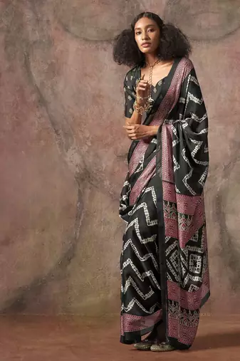 Ajrakh print satin georgette saree with bandhani combination – ethnic fusion elegance