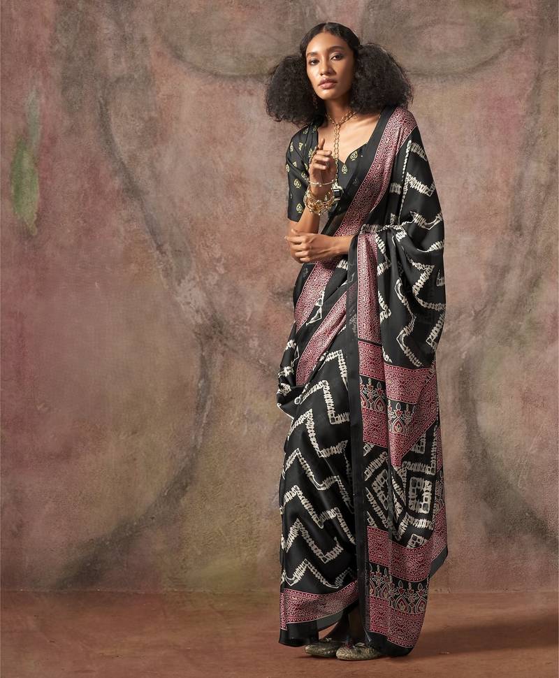Ajrakh print satin georgette saree with bandhani combination – ethnic fusion elegance