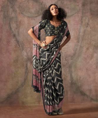 Ajrakh print satin georgette saree with bandhani combination  ethnic fusion elegance 2