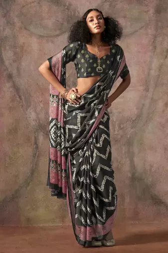 Ajrakh print satin georgette saree with bandhani combination  ethnic fusion elegance