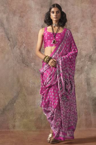 Ajrakh print satin georgette saree with bandhani combination – ethnic fusion elegance