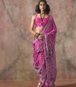 Ajrakh print satin georgette saree with bandhani combination     ethnic fusion elegance