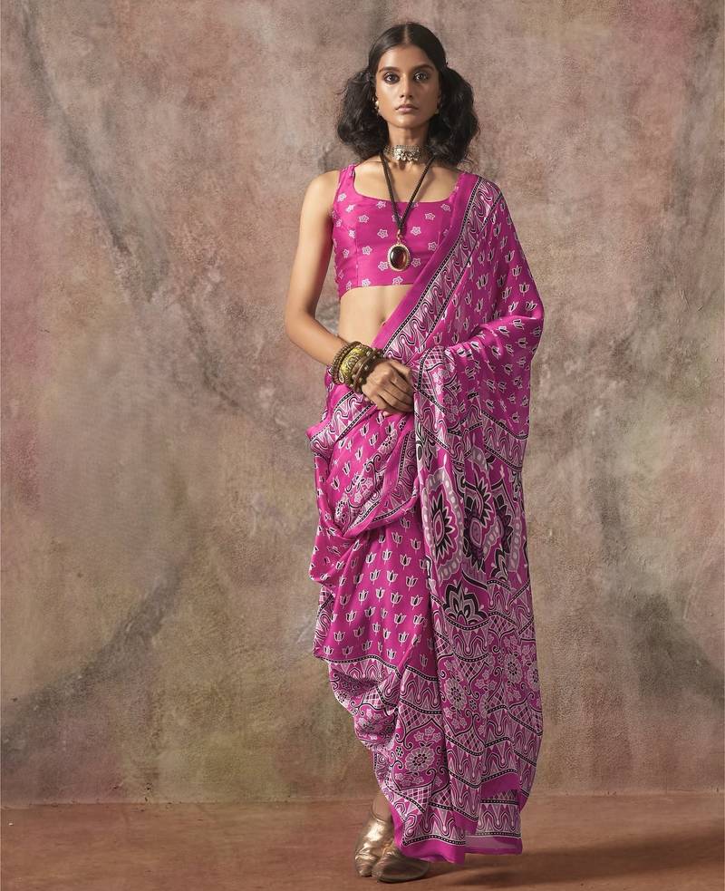 Ajrakh print satin georgette saree with bandhani combination – ethnic fusion elegance