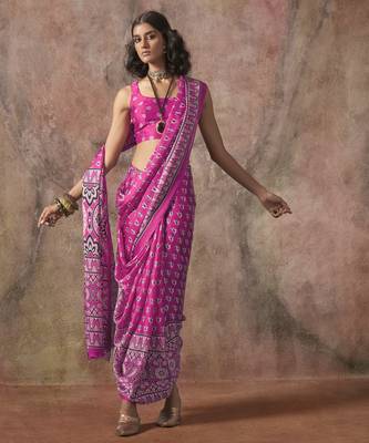 Ajrakh print satin georgette saree with bandhani combination ethnic fusion elegance 2
