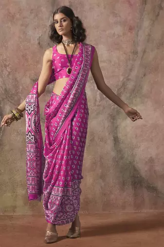 Ajrakh print satin georgette saree with bandhani combination  ethnic fusion elegance