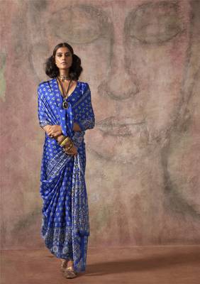 Ajrakh print satin georgette saree with bandhani combination  ethnic fusion elegance 1