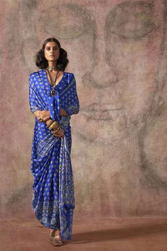 Ajrakh print satin georgette saree with bandhani combination – ethnic fusion elegance