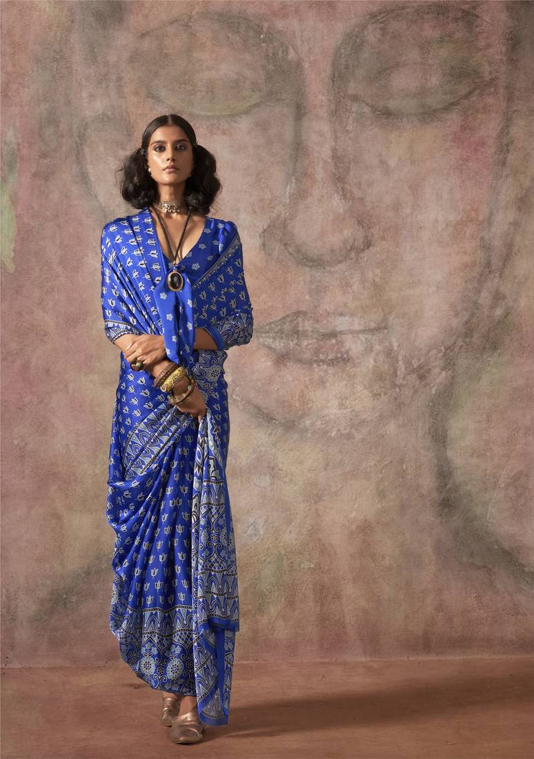 Ajrakh print satin georgette saree with bandhani combination – ethnic fusion elegance