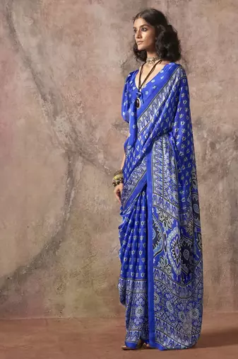 Ajrakh print satin georgette saree with bandhani combination  ethnic fusion elegance