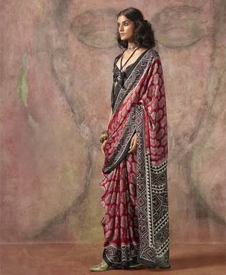 Ajrakh print satin georgette saree with bandhani combination  ethnic fusion elegance 1