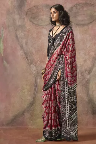 Ajrakh print satin georgette saree with bandhani combination – ethnic fusion elegance