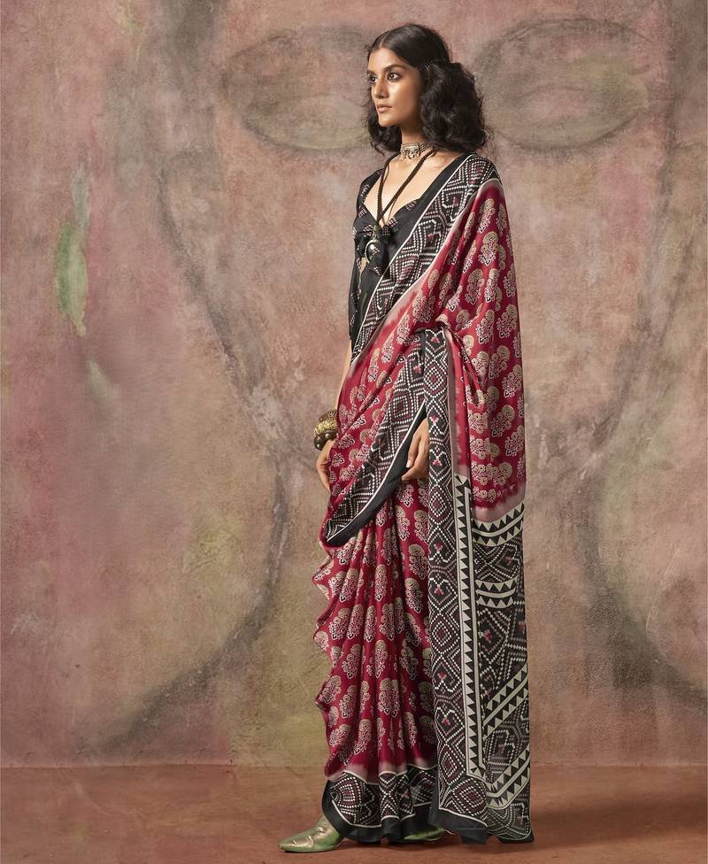 Ajrakh print satin georgette saree with bandhani combination – ethnic fusion elegance