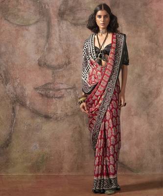 Ajrakh print satin georgette saree with bandhani combination  ethnic fusion elegance 2