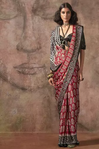 Ajrakh print satin georgette saree with bandhani combination  ethnic fusion elegance