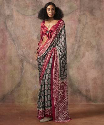 Ajrakh print satin georgette saree with bandhani combination  ethnic fusion elegance 1