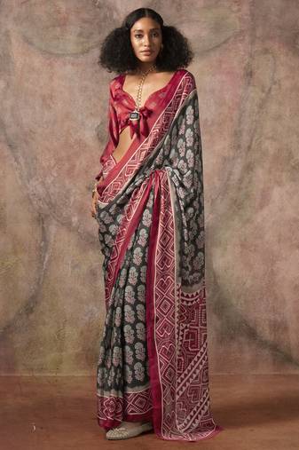 Ajrakh print satin georgette saree with bandhani combination – ethnic fusion elegance