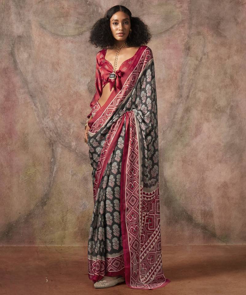 Ajrakh print satin georgette saree with bandhani combination – ethnic fusion elegance