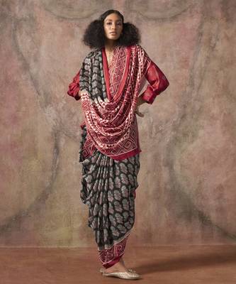 Ajrakh print satin georgette saree with bandhani combination  ethnic fusion elegance 2