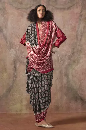 Ajrakh print satin georgette saree with bandhani combination  ethnic fusion elegance