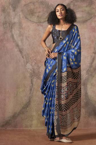 Ajrakh print satin georgette saree with bandhani combination     ethnic fusion elegance