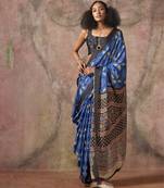 Ajrakh print satin georgette saree with bandhani combination     ethnic fusion elegance