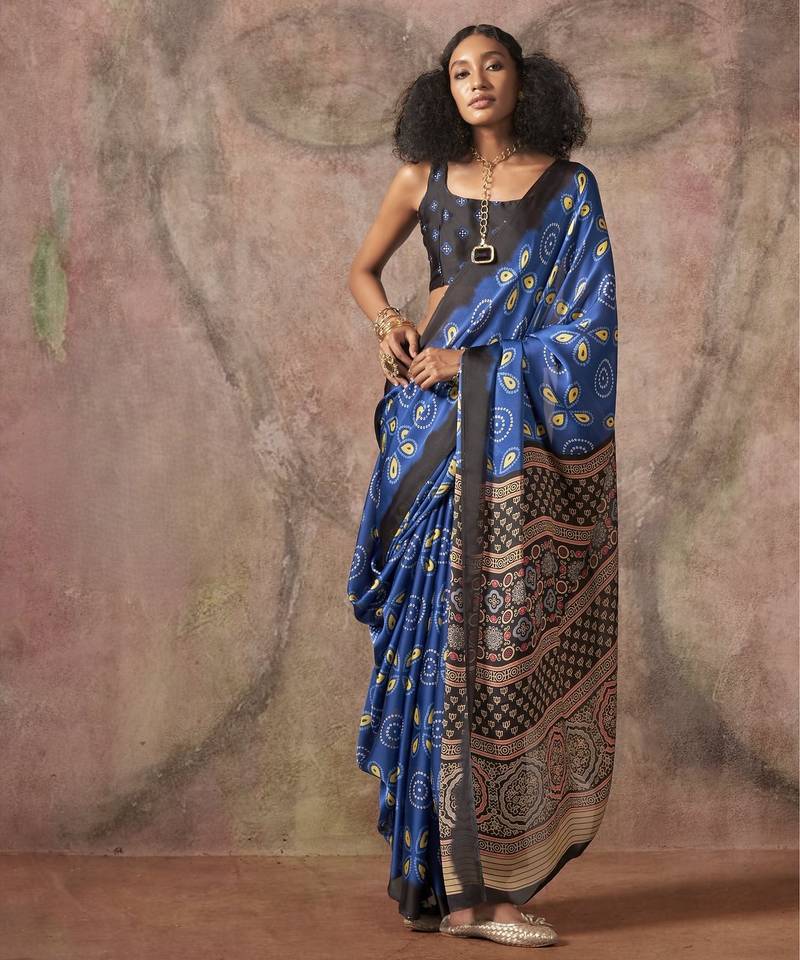 Ajrakh print satin georgette saree with bandhani combination – ethnic fusion elegance