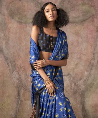 Ajrakh print satin georgette saree with bandhani combination ethnic fusion elegance 2