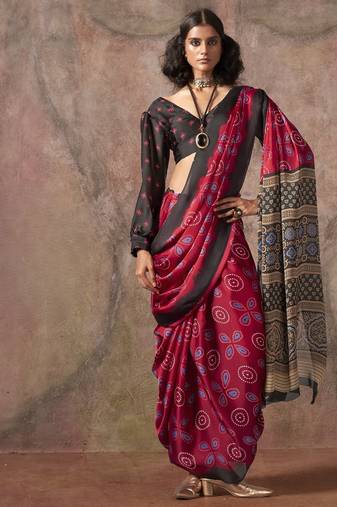 Ajrakh print satin georgette saree with bandhani combination     ethnic fusion elegance