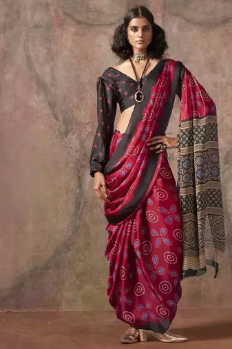 Ajrakh print satin georgette saree with bandhani combination – ethnic fusion elegance