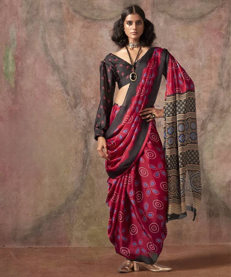 Ajrakh print satin georgette saree with bandhani combination – ethnic fusion elegance
