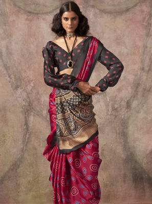 Ajrakh print satin georgette saree with bandhani combination  ethnic fusion elegance 2