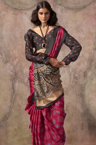 Ajrakh print satin georgette saree with bandhani combination  ethnic fusion elegance